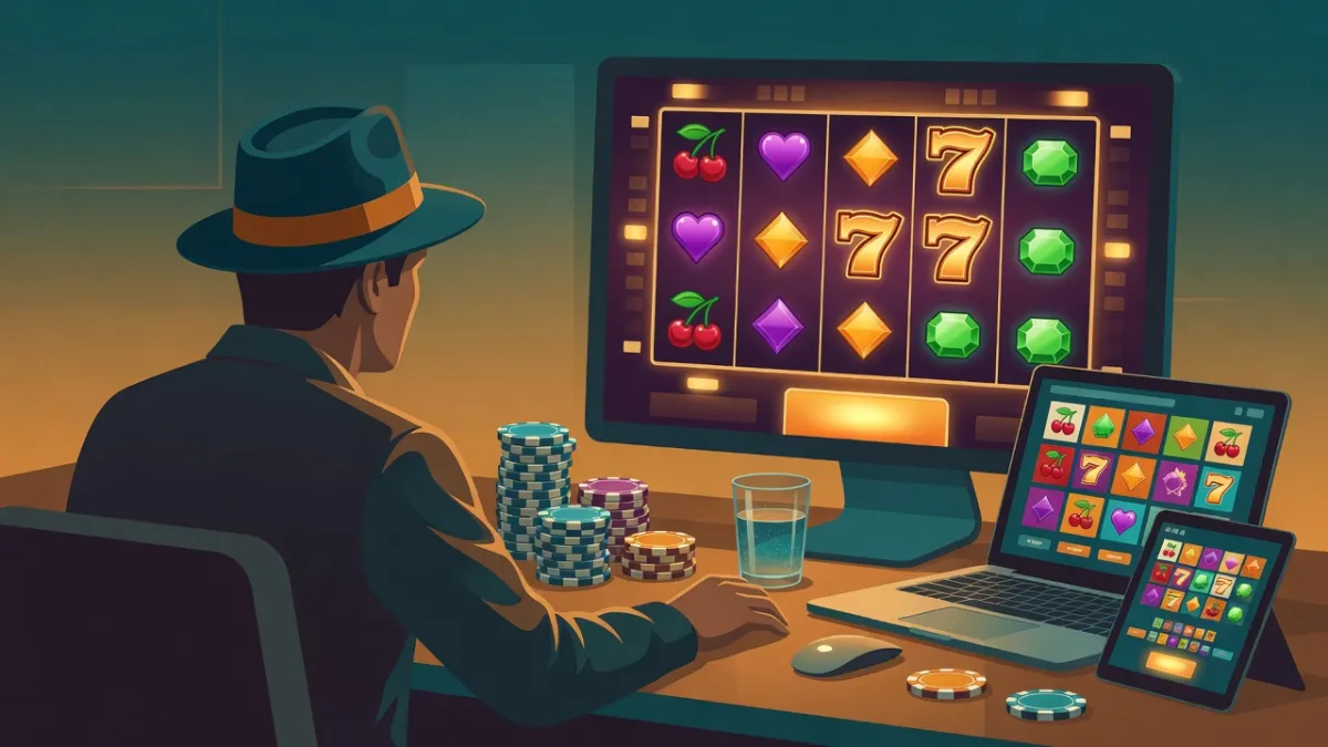 Illustration of a man in a fedora playing slots on a desktop monitor, with a laptop and tablet showing slot games and poker chips on the table